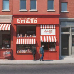 Further modify the 3D cartoon-style image to add a man at the door of the nearer candy store. The scene includes a red mail truck on the street between two candy store kiosks manned by two men each and containing a box.