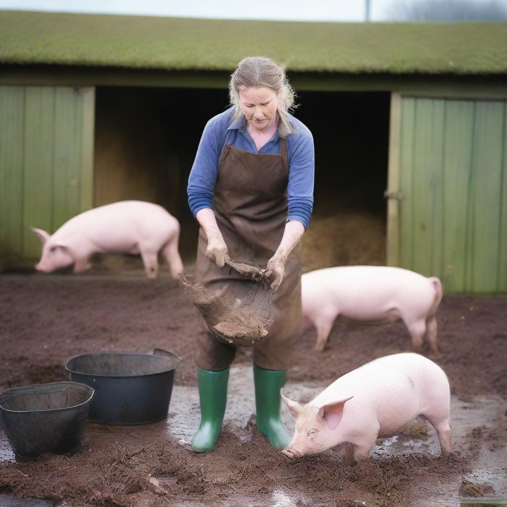 A farmwoman wearing wellies and a rubber apron is in the process of slaughtering a pig