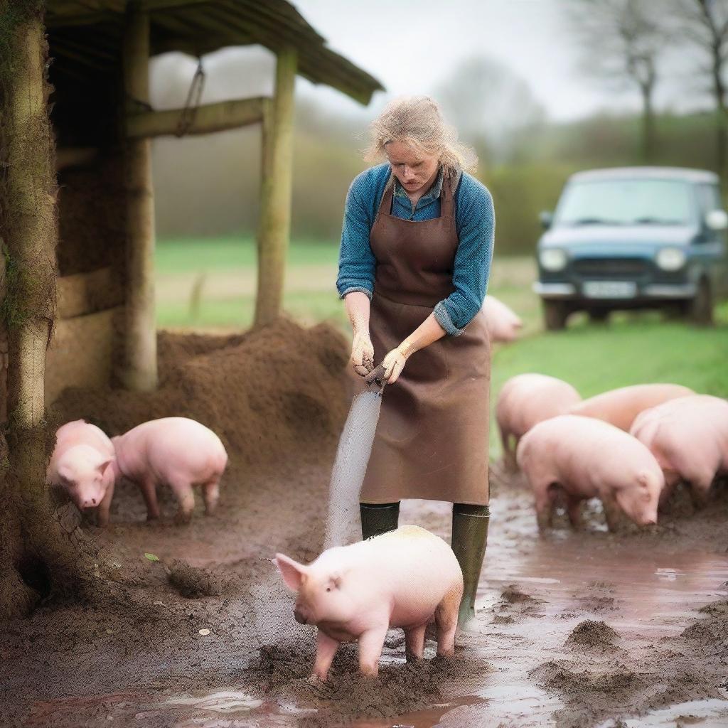 A farmwoman wearing wellies and a rubber apron is in the process of slaughtering a pig