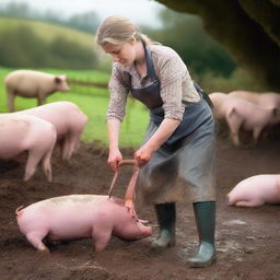 A farmwoman wearing wellies and a rubber apron is in the process of slaughtering a pig