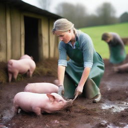 A farmwoman wearing wellies and a rubber apron is in the process of slaughtering a pig