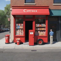 Further modify the 3D cartoon-style image to add a man at the door of the nearer candy store. The scene includes a red mail truck on the street between two candy store kiosks manned by two men each and containing a box.