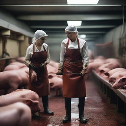 A detailed scene of a woman and a man in a slaughterhouse butchering pigs