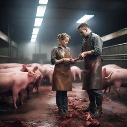 A detailed scene of a woman and a man in a slaughterhouse butchering pigs