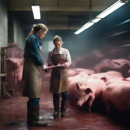 A detailed scene of a woman and a man in a slaughterhouse butchering pigs