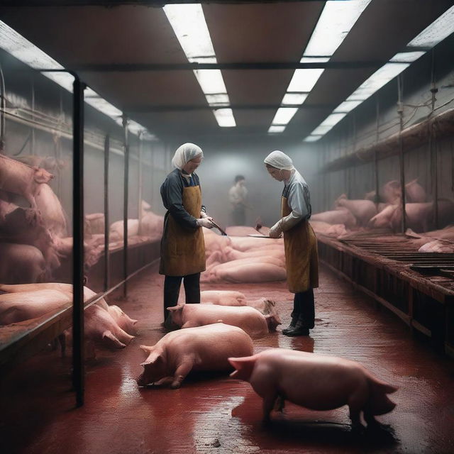 A detailed scene of a woman and a man in a slaughterhouse butchering pigs