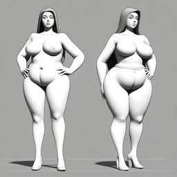 Create an image featuring a character with exaggeratedly large hips in a stylized manner