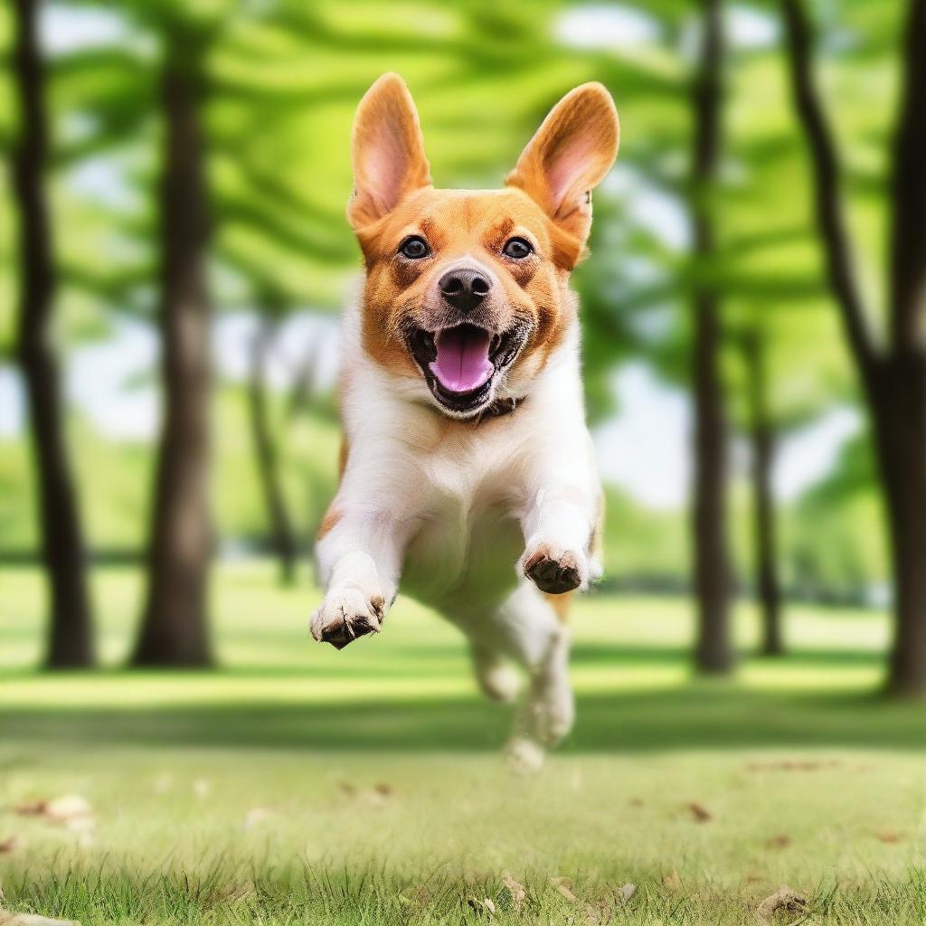 A dog is jumping in the air with a joyful expression, captured in mid-leap