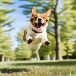 A dog is jumping in the air with a joyful expression, captured in mid-leap