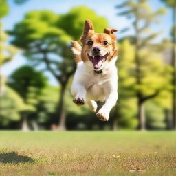 A dog is jumping in the air with a joyful expression, captured in mid-leap