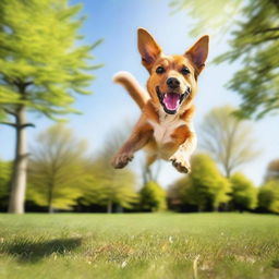 A dog is jumping in the air with a joyful expression, captured in mid-leap