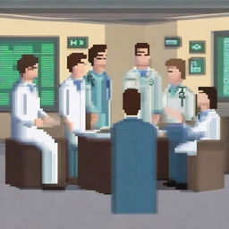 A pixel art scene depicting doctors talking with a group of students