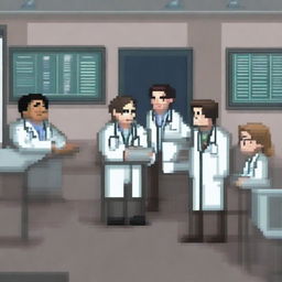 A pixel art scene depicting doctors talking with a group of students