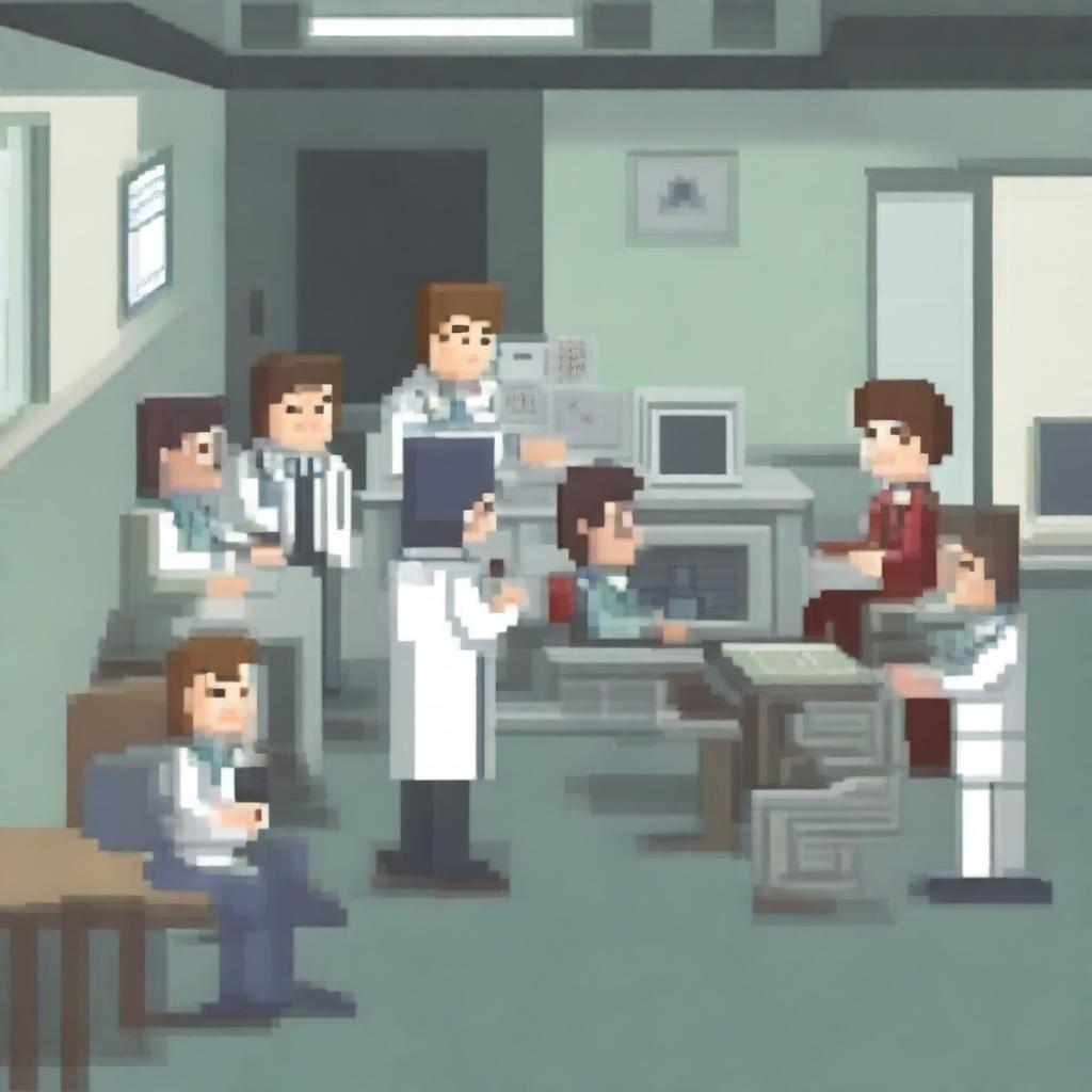 A pixel art scene depicting doctors talking with a group of students