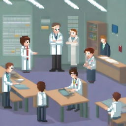 A pixel art scene depicting doctors talking with a group of students