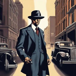 A detailed illustration of a classic 1920s gangster, dressed in a pinstripe suit, fedora hat, and holding a tommy gun