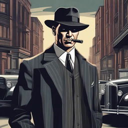 A detailed illustration of a classic 1920s gangster, dressed in a pinstripe suit, fedora hat, and holding a tommy gun