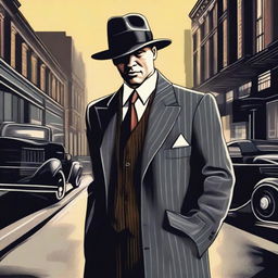 A detailed illustration of a classic 1920s gangster, dressed in a pinstripe suit, fedora hat, and holding a tommy gun