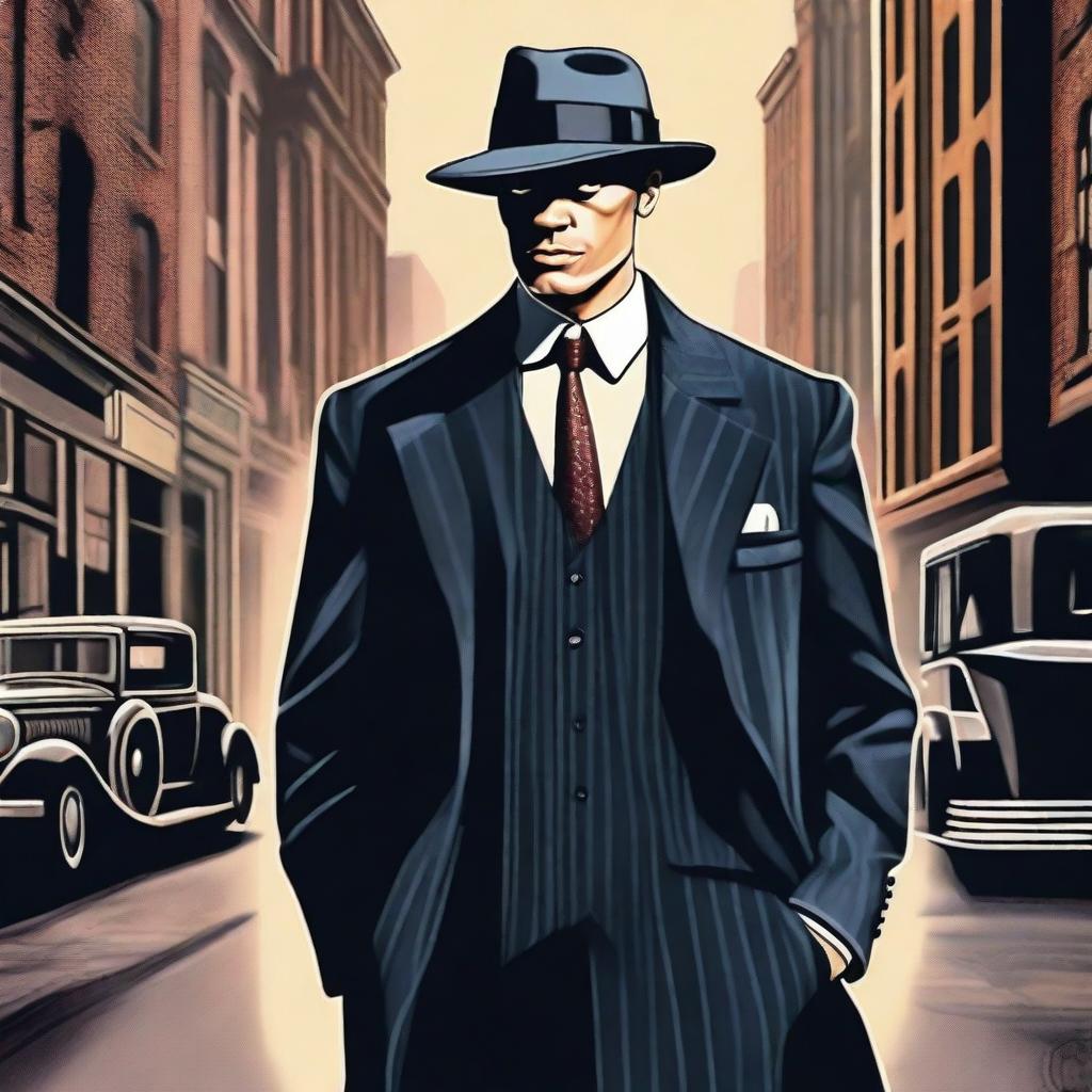 A detailed illustration of a classic 1920s gangster, dressed in a pinstripe suit, fedora hat, and holding a tommy gun