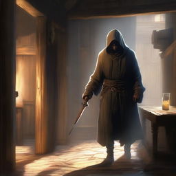 An old hooded man with a quarterstaff walking ominously into a light-flooded tavern