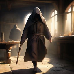 An old hooded man with a quarterstaff walking ominously into a light-flooded tavern