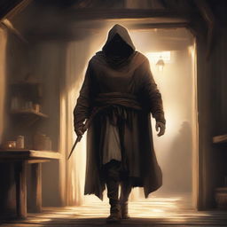 An old hooded man with a quarterstaff walking ominously into a light-flooded tavern