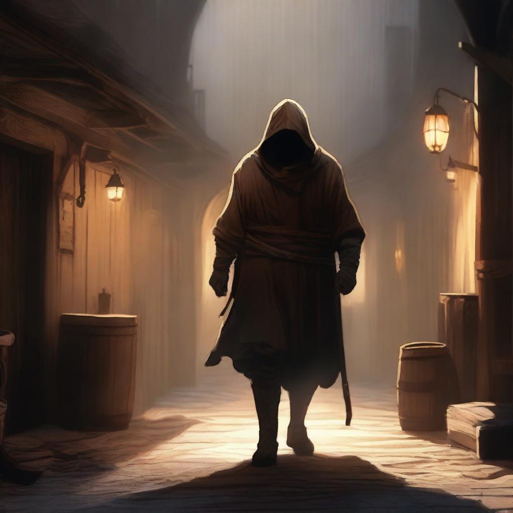 An old hooded man with a quarterstaff walking ominously into a light-flooded tavern