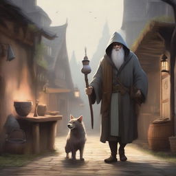 An old hooded man, smiling, leans onto his long magic wizard wand and carries a rucksack with cooking utensils and other items hanging from it