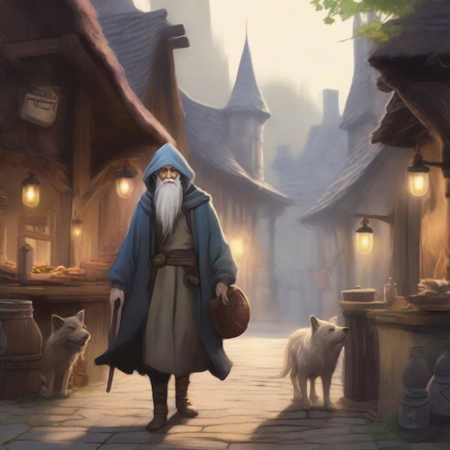 An old hooded man, smiling, leans onto his long magic wizard wand and carries a rucksack with cooking utensils and other items hanging from it