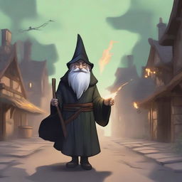 A greyish-skinned gnome wizard wearing a long black robe and a tight leather tunic underneath, walking on a road towards a well-lit tavern