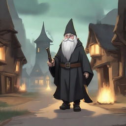 A greyish-skinned gnome wizard wearing a long black robe and a tight leather tunic underneath, walking on a road towards a well-lit tavern