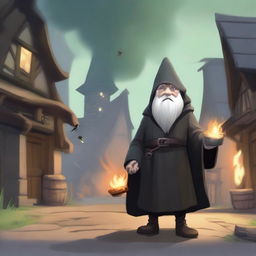 A greyish-skinned gnome wizard wearing a long black robe and a tight leather tunic underneath, walking on a road towards a well-lit tavern