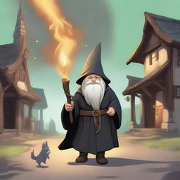 A greyish-skinned gnome wizard wearing a long black robe and a tight leather tunic underneath, walking on a road towards a well-lit tavern