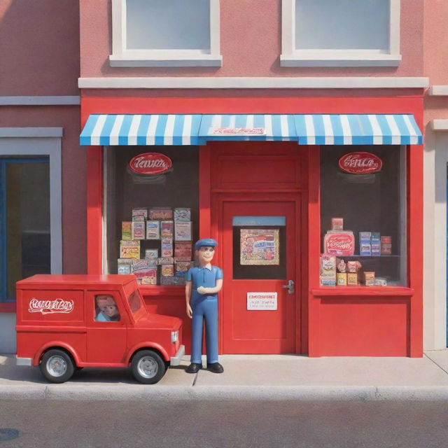 Alter the 3D cartoon-style image to depict the man at the store's door holding a box. The scene includes a red mail truck between two candy store kiosks staffed by two men each, also with boxes.