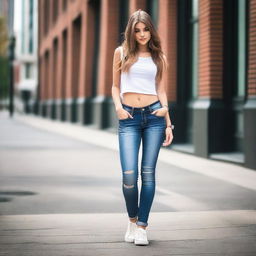 A stylish 18-year-old girl wearing low-rise, tight-fitting jeans