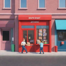 Alter the 3D cartoon-style image to depict the man at the store's door holding a box. The scene includes a red mail truck between two candy store kiosks staffed by two men each, also with boxes.