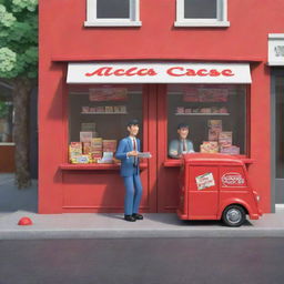 Alter the 3D cartoon-style image to depict the man at the store's door holding a box. The scene includes a red mail truck between two candy store kiosks staffed by two men each, also with boxes.