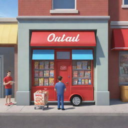 Alter the 3D cartoon-style image to depict the man at the store's door holding a box. The scene includes a red mail truck between two candy store kiosks staffed by two men each, also with boxes.