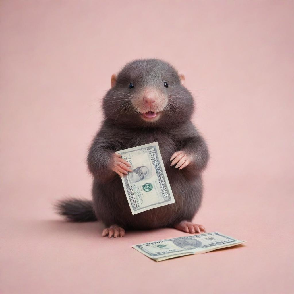 A playful mole drawn in soft pastel colors, cheerfully holding a stack of money in its tiny paws.