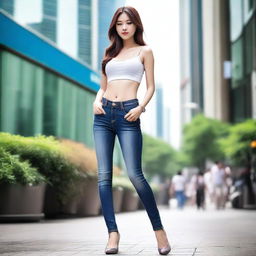 A young Chinese woman wearing low-rise, tight-fitting jeans