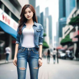 A Chinese girl wearing low-rise, tight-fitting jeans, standing confidently