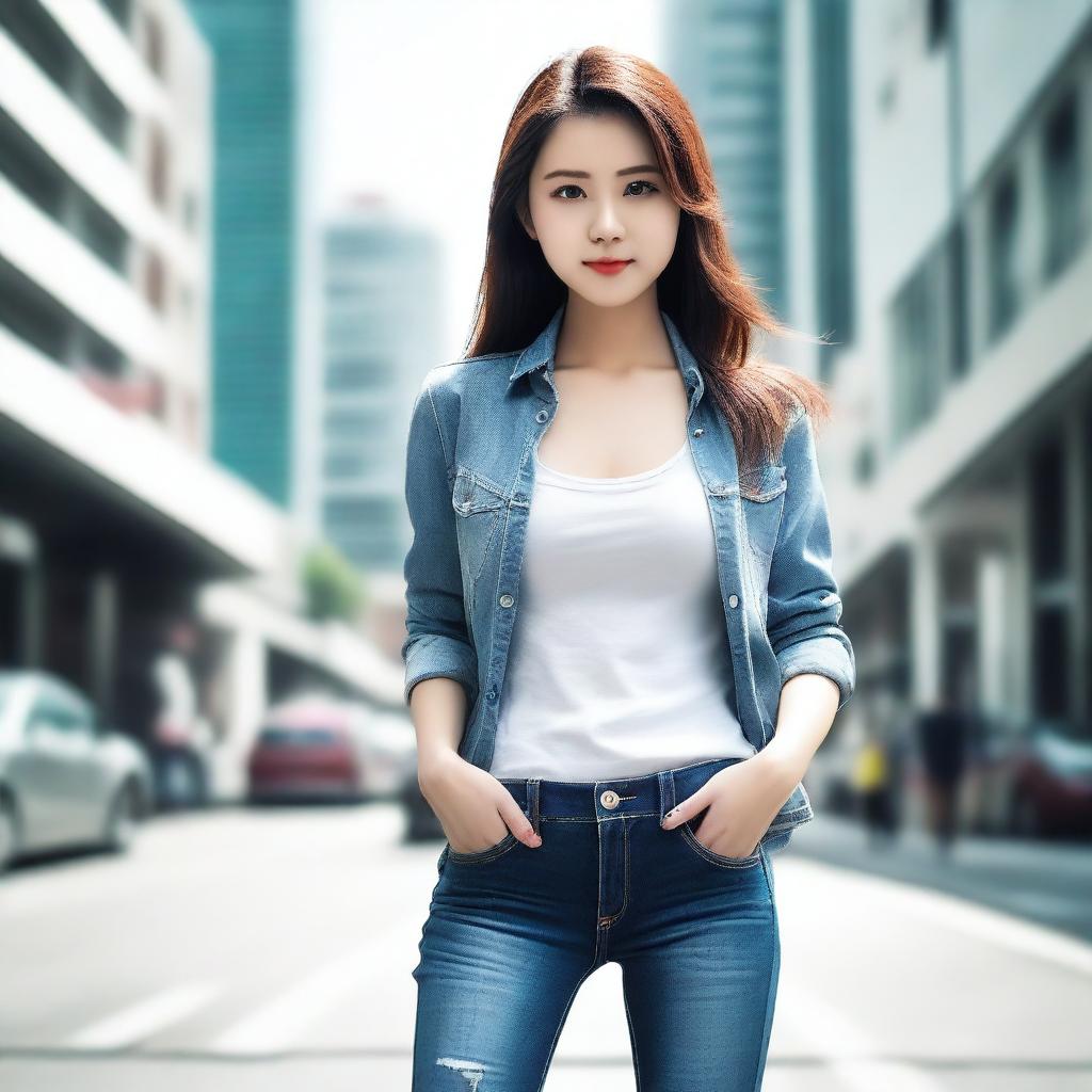 A Chinese girl wearing low-rise, tight-fitting jeans, standing confidently