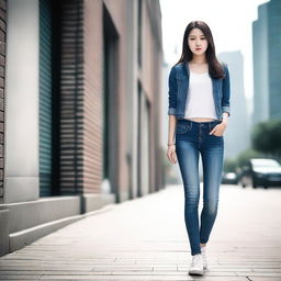 A Chinese girl wearing low-rise, tight-fitting jeans, standing confidently