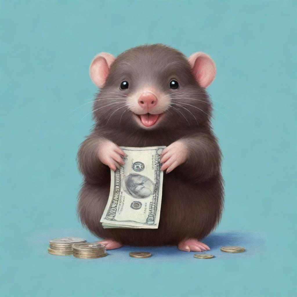 A playful mole drawn in soft pastel colors, cheerfully holding a stack of money in its tiny paws.