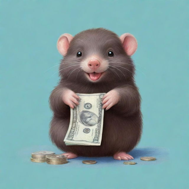 A playful mole drawn in soft pastel colors, cheerfully holding a stack of money in its tiny paws.