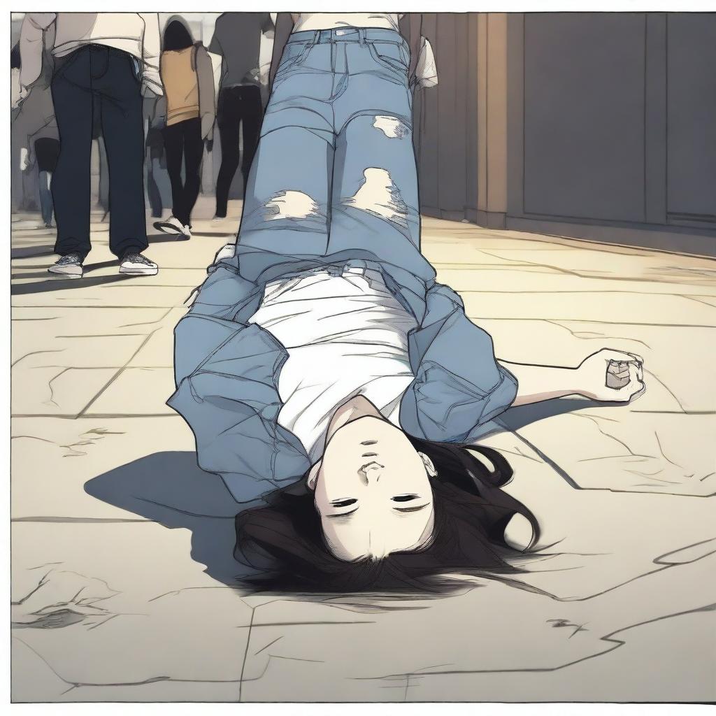 A Chinese girl wearing low-rise, tight-fitting jeans lies unconscious on the ground