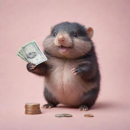 A playful mole drawn in soft pastel colors, cheerfully holding a stack of money in its tiny paws.