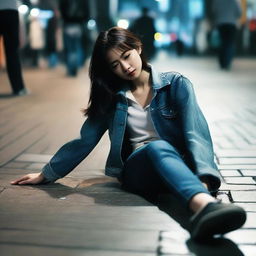 A Chinese girl wearing low-rise, tight-fitting jeans lies unconscious on the ground