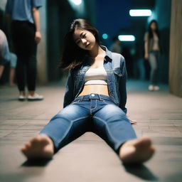 A Chinese girl wearing low-rise, tight-fitting jeans lies unconscious on the ground