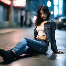 A Chinese girl wearing low-rise, tight-fitting jeans lies unconscious on the ground